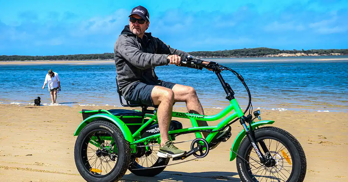 riding on the beach with Addmotor M-360 e-trike